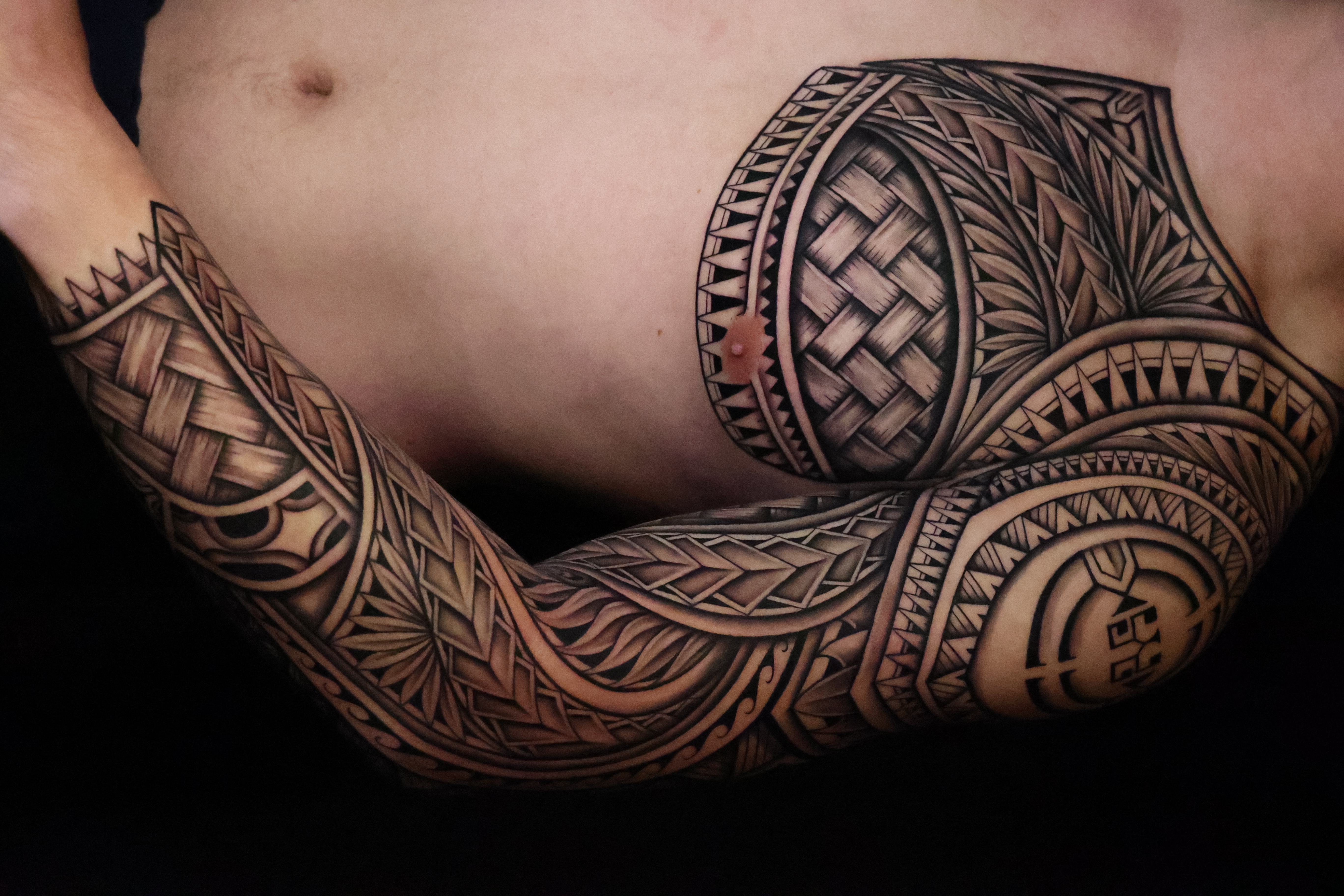 Polynesian chest pieces tattoo by Joshawa Elsas – IslandTAT San Diego