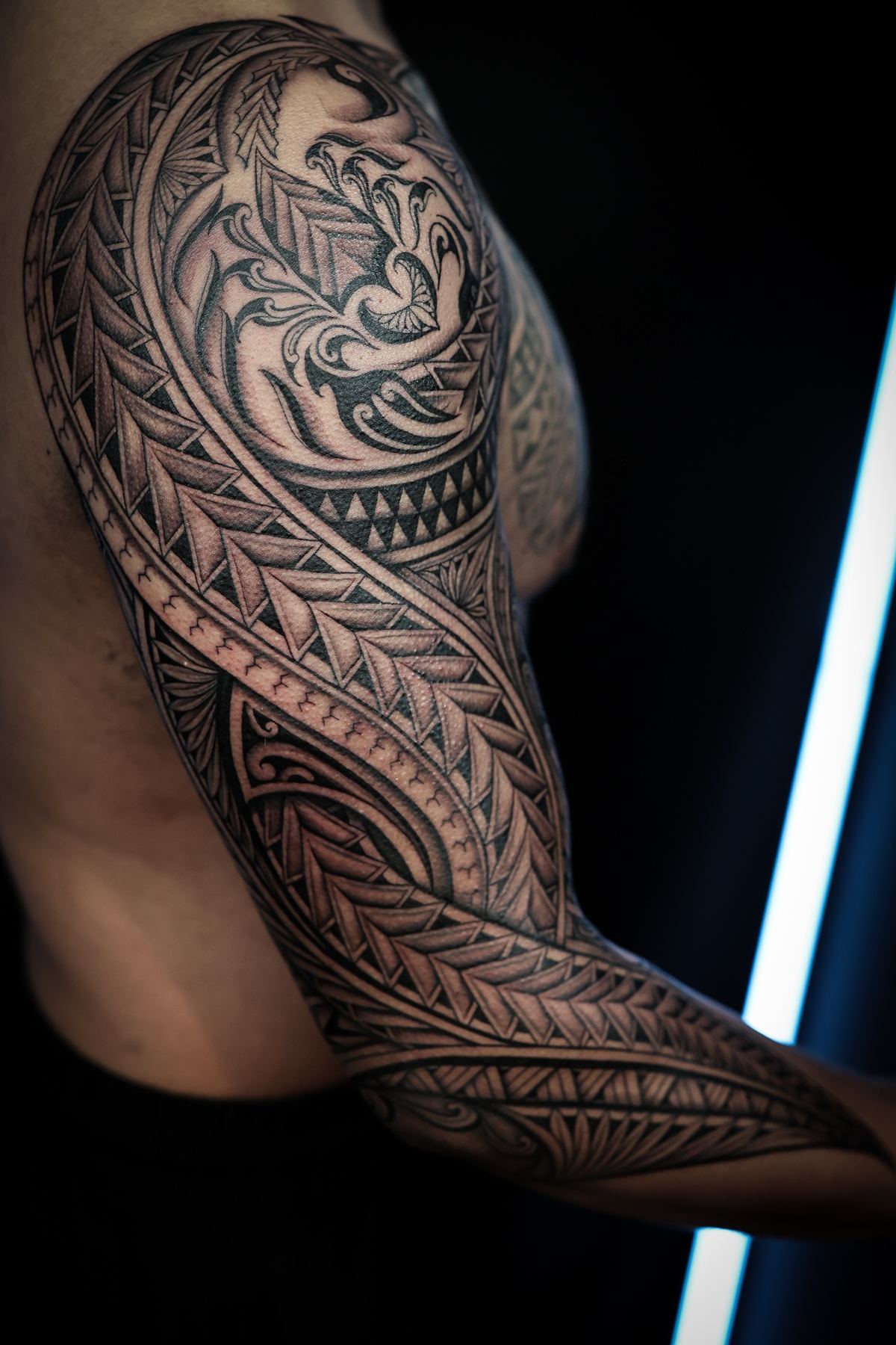Custom Polynesian full sleeve tattoo in San Diego by IslandTAT