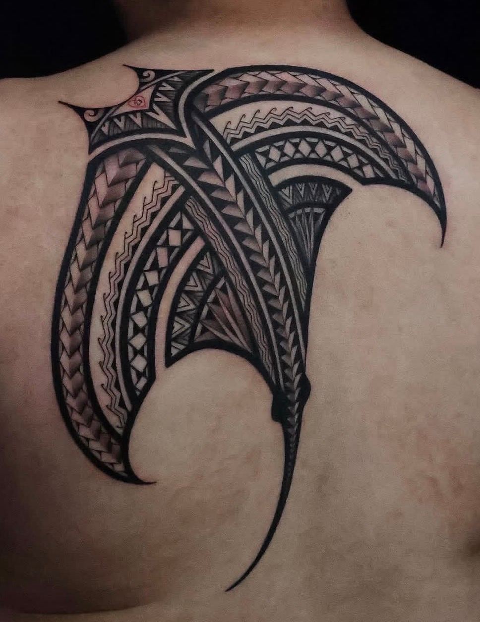 Custom Polynesian back piece tattoo in San Diego by IslandTAT
