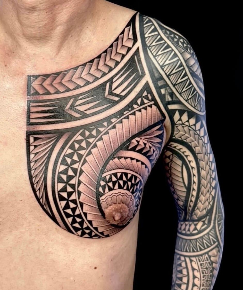 Custom Polynesian chest tattoo in San Diego by IslandTAT
