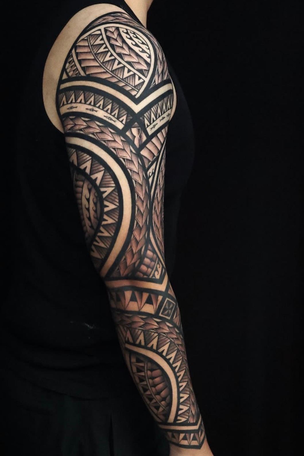 Custom Polynesian full sleeve tattoo in San Diego by IslandTAT