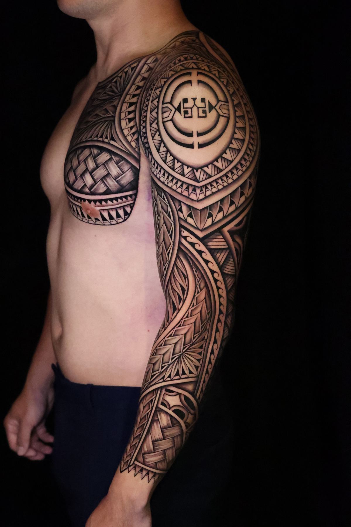 Custom Polynesian full sleeve tattoo in San Diego by IslandTAT