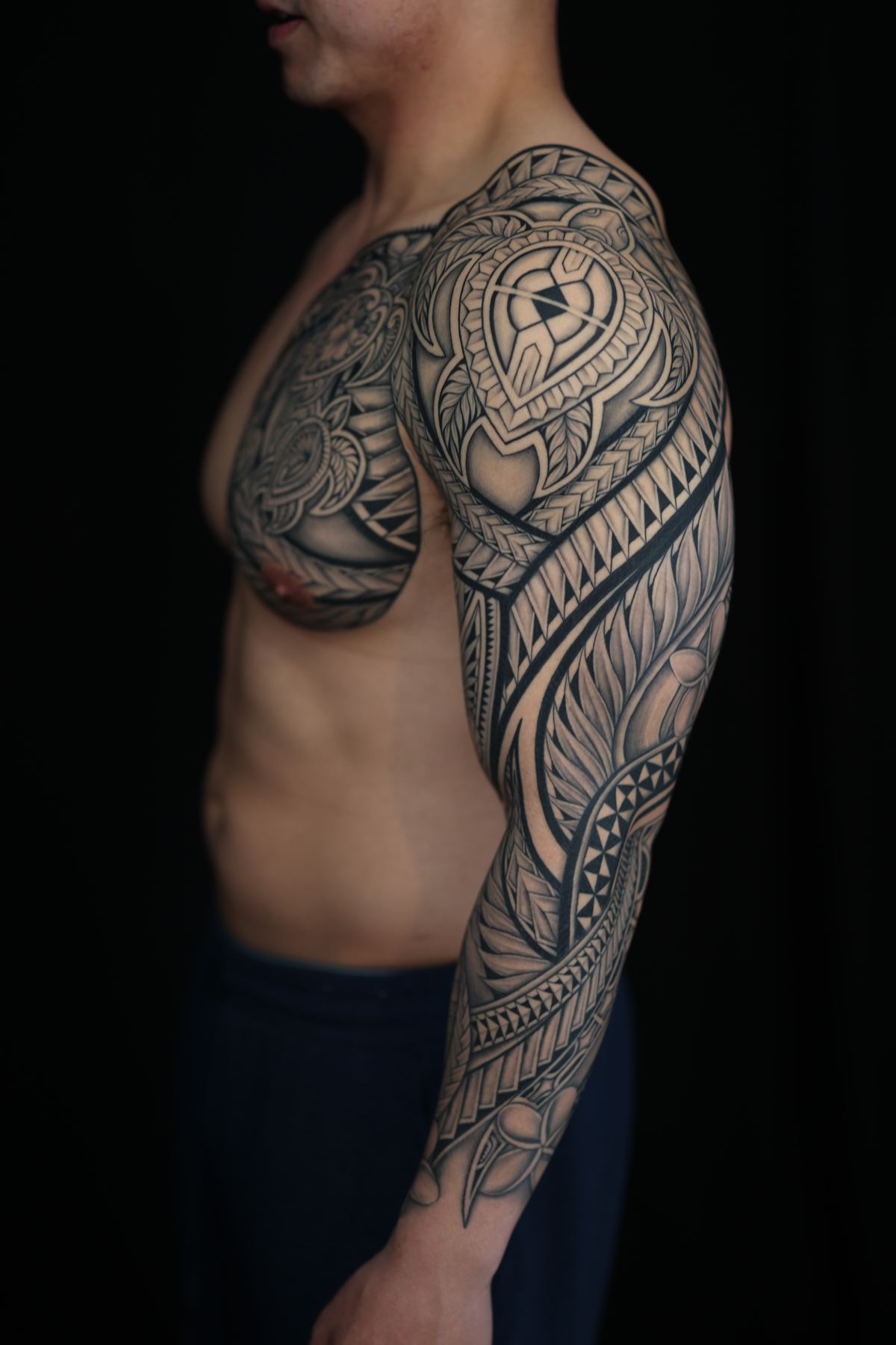 Custom Polynesian full sleeve tattoo in San Diego by IslandTAT (healed)