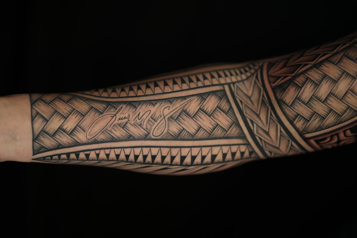 Custom Polynesian full sleeve tattoo in San Diego by IslandTAT (healed)