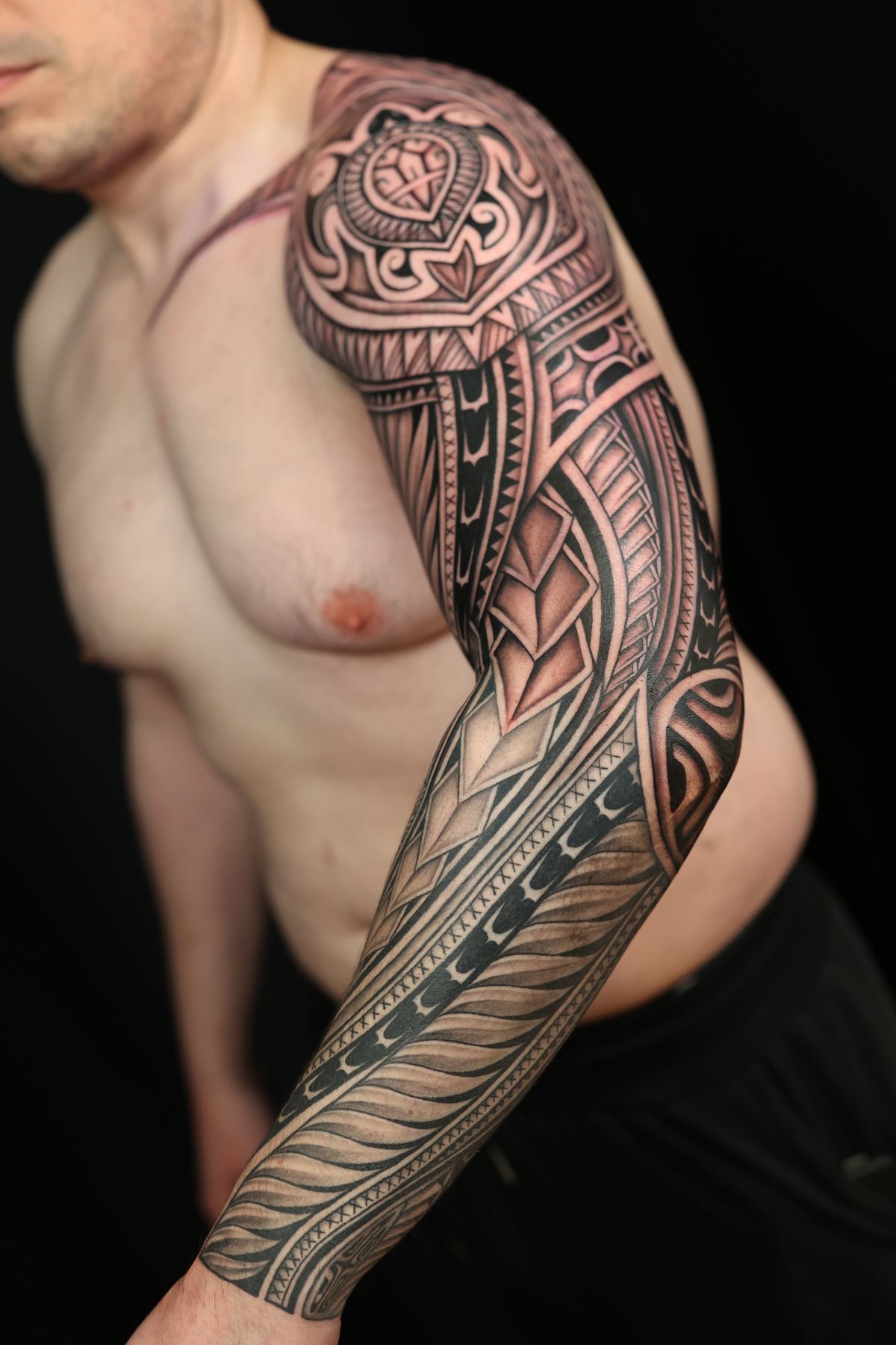 Custom Polynesian full sleeve tattoo in San Diego by IslandTAT