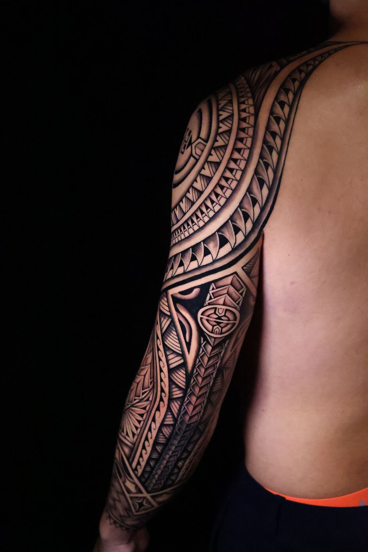 Custom Polynesian full sleeve tattoo in San Diego by IslandTAT