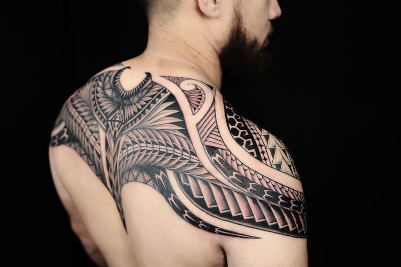 Polynesian back pieces tattoo by Joshawa Elsas – IslandTAT San Diego