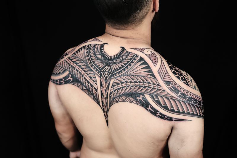 Polynesian back pieces tattoo by Joshawa Elsas – IslandTAT San Diego