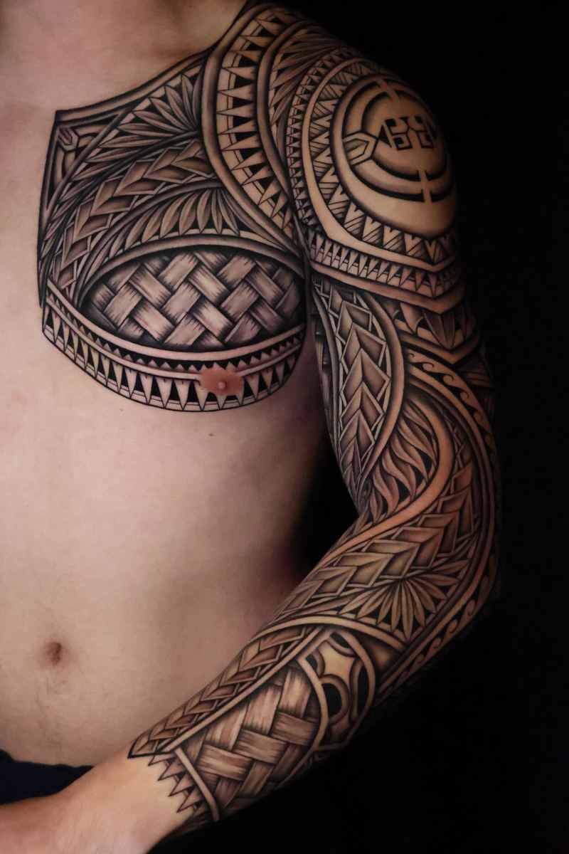Polynesian chest pieces tattoo by Joshawa Elsas – IslandTAT San Diego