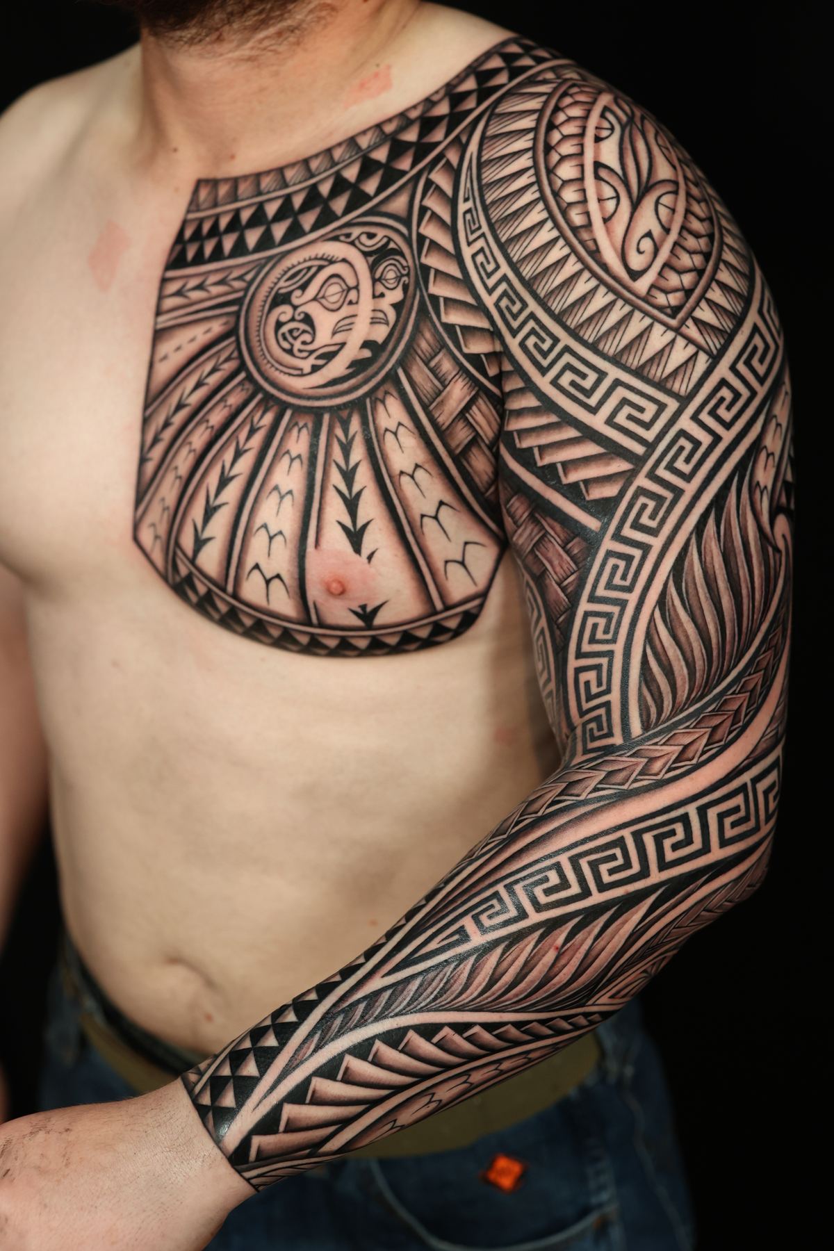 Custom Polynesian chest tattoo in San Diego by IslandTAT